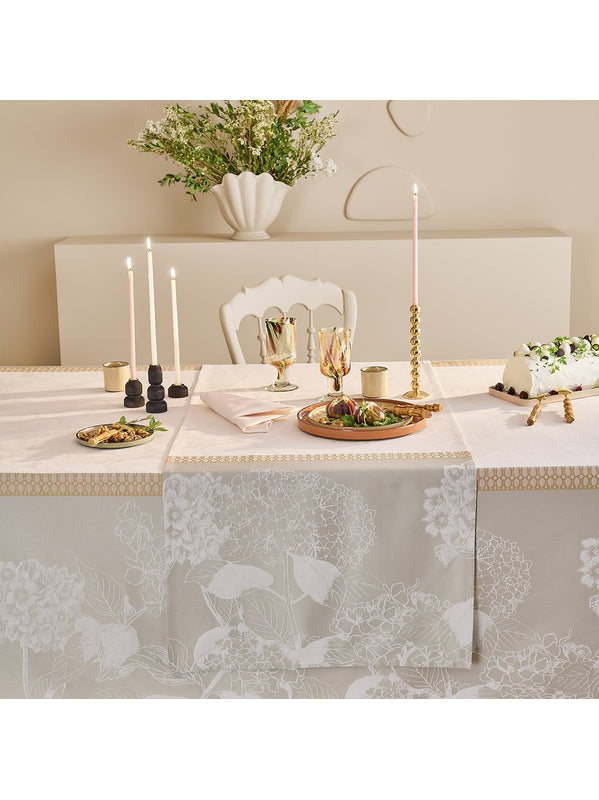Chemin de table en coton 50x180 beige naturel motif mille hortensias