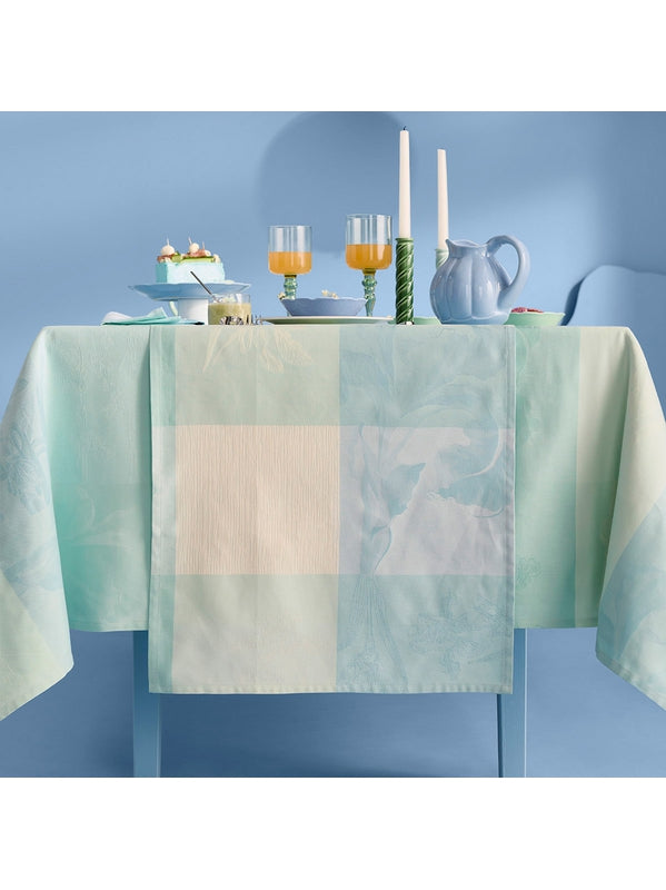 Chemin de table 55x180 en coton bleu aqua motif Mille Iris d'Eau