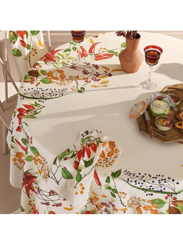 Chemin de table rouge motif piments doux caliente en coton lin 50x150