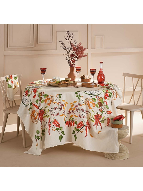 Chemin de table rouge motif piments doux caliente en coton lin 50x150