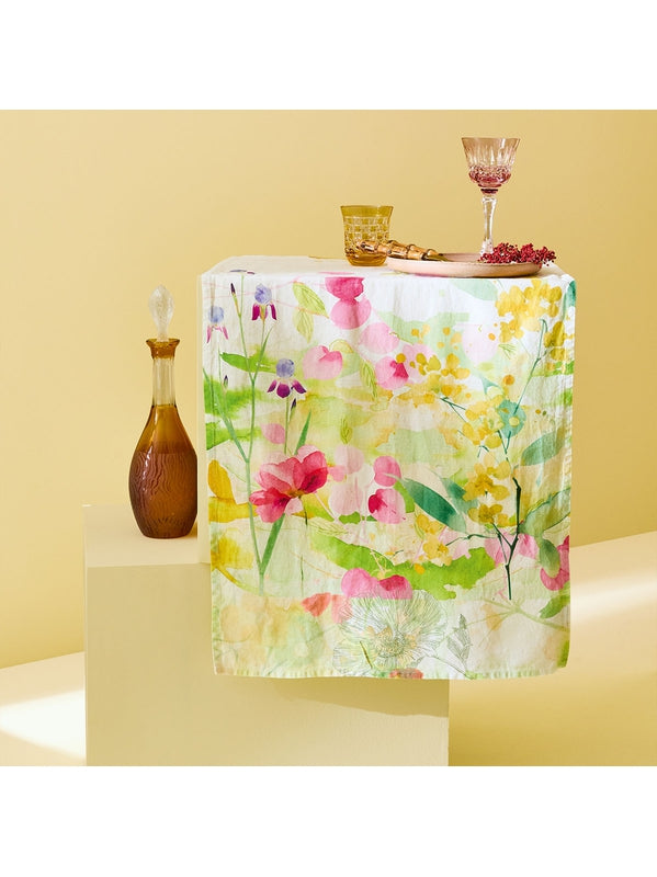 Chemin de table fleuri printemps jaune 50x150 en coton et lin