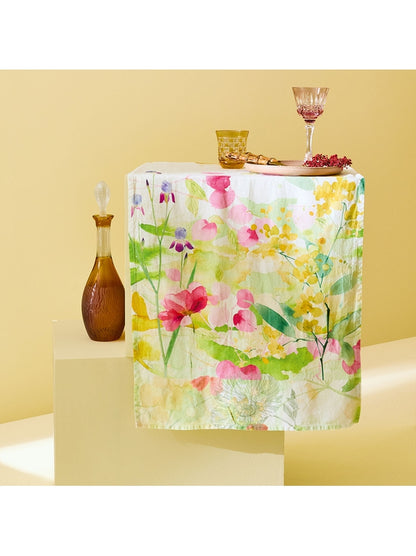 Chemin de table fleuri printemps jaune 50x150 en coton et lin