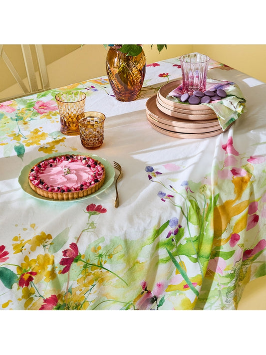 Chemin de table fleuri printemps jaune 50x150 en coton et lin
