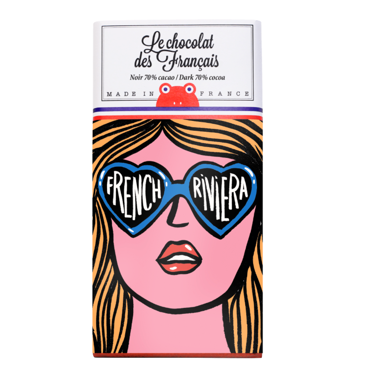 Tablette de chocolat noir bio, packaging vintage esprit French Riviera