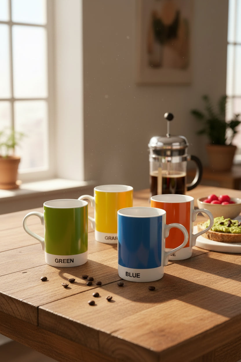 Set de 4 mugs Pantone en porcelaine blanche à bandes colorées