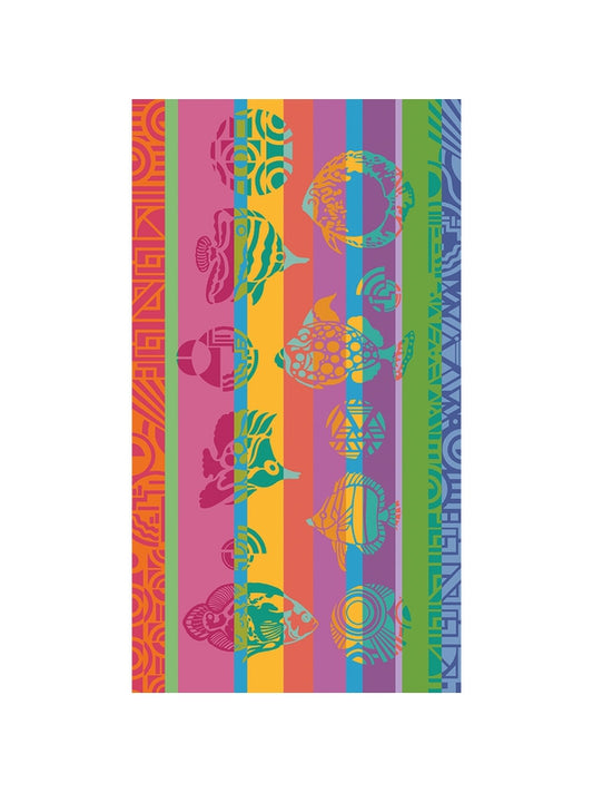 Drap de plage en coton 100x180 motif poissons pop multicolore, recto velours et verso bouclettes