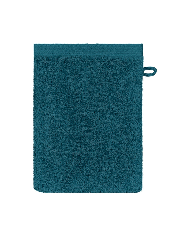 Gant de toilette Elea bleu canard 16x22 cm en 100% coton avec attache