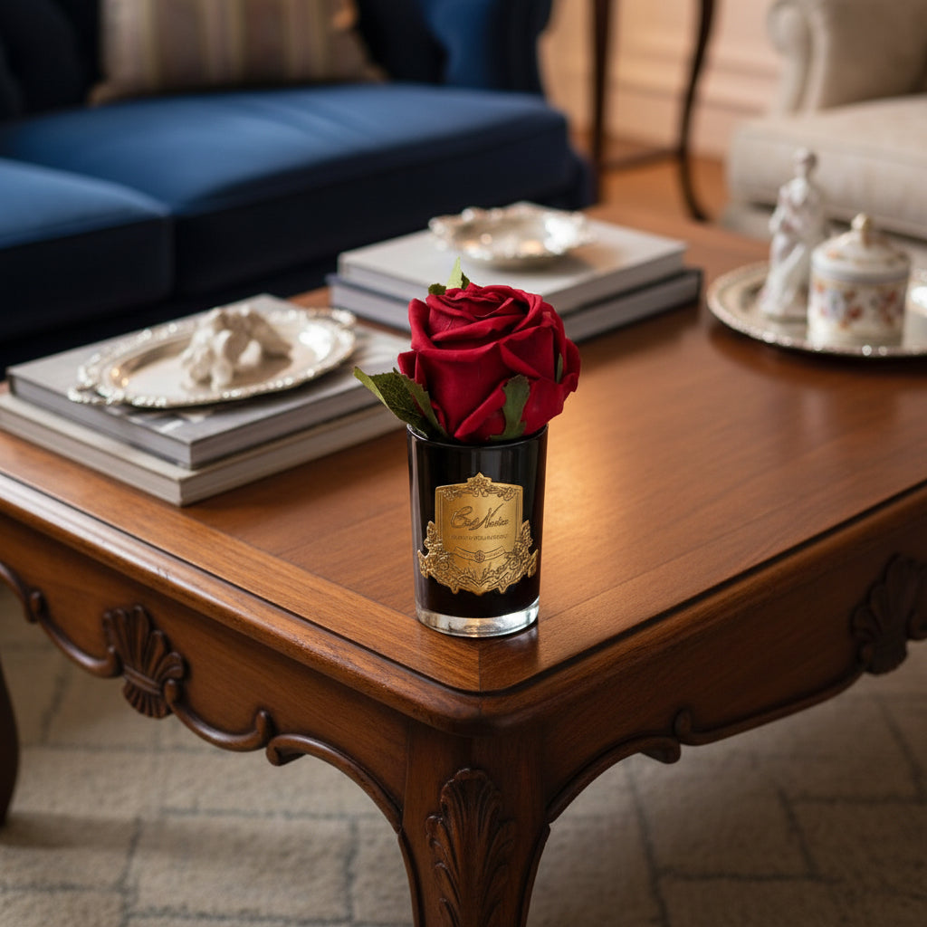 French Rose Carmine Red - BLACK Glass with GOLD