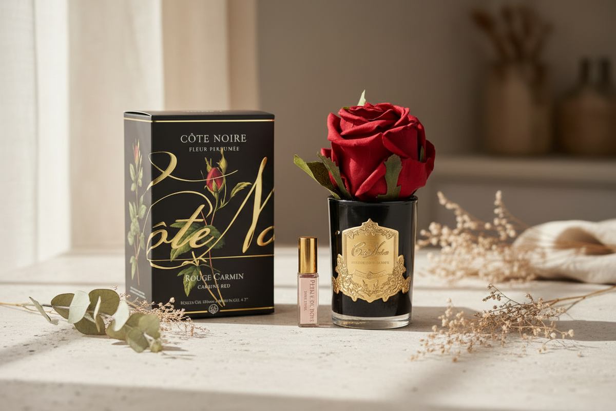 French Rose Carmine Red - BLACK Glass with GOLD