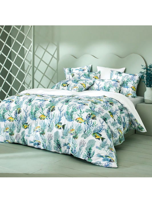 Parure Naia Blanc - imprimé fleuri sur percale blanche, passepoil turquoise