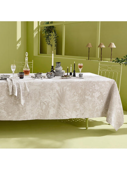 Nappe enduite beige motif esprit jardins en coton, taille 175 cm