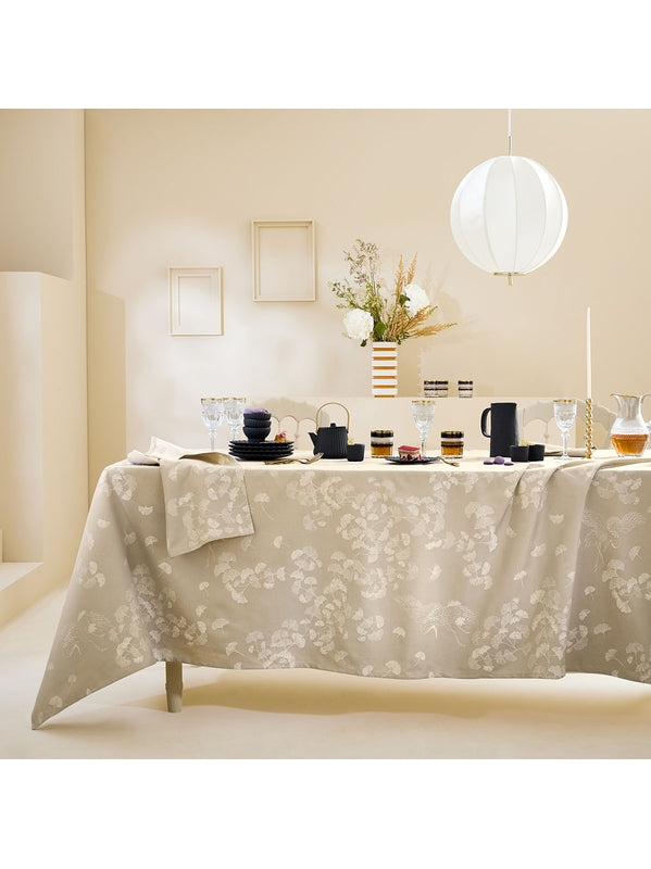 Rouleau de coton enduit Mille Ginkos naturel beige pour nappe au mètre