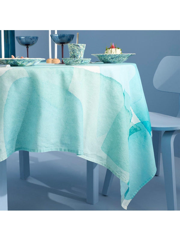 Nappe carrée Aqua Mineral bleu 115x115 en coton lin avec ourlets fins