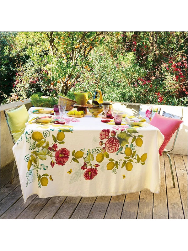 Nappe carrée multicolore motif citrons de menton 115x115 en coton et lin
