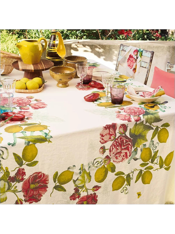 Nappe carrée multicolore motif citrons de menton 115x115 en coton et lin