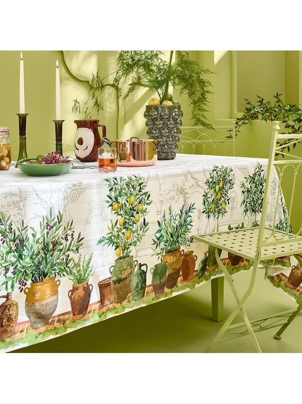 Nappe carrée 115x115 vert olive motif jardin provençal en coton lin