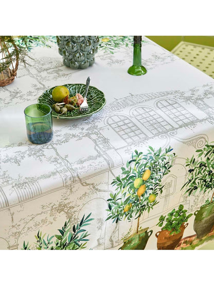 Nappe carrée 115x115 vert olive motif jardin provençal en coton lin