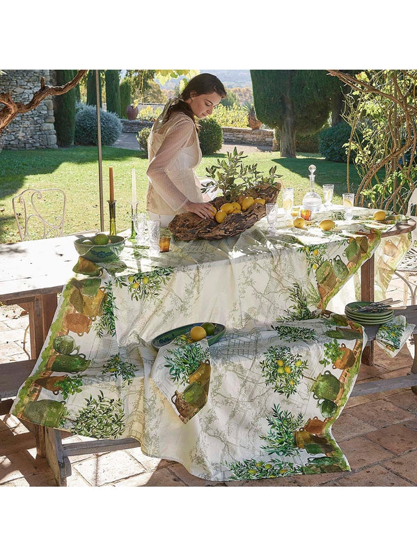 Nappe carrée 115x115 vert olive motif jardin provençal en coton lin