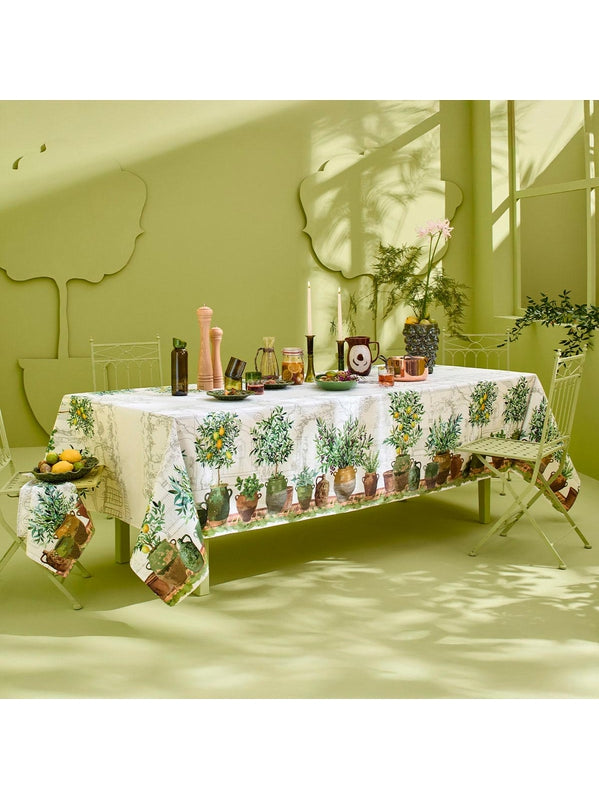 Nappe carrée 115x115 vert olive motif jardin provençal en coton lin