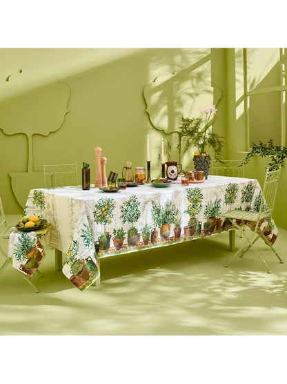 Nappe carrée 115x115 vert olive motif jardin provençal en coton lin