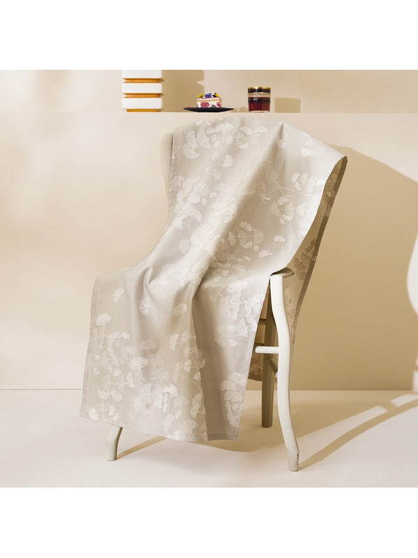 Nappe carrée beige en coton 89x89 motif ginkgo naturel