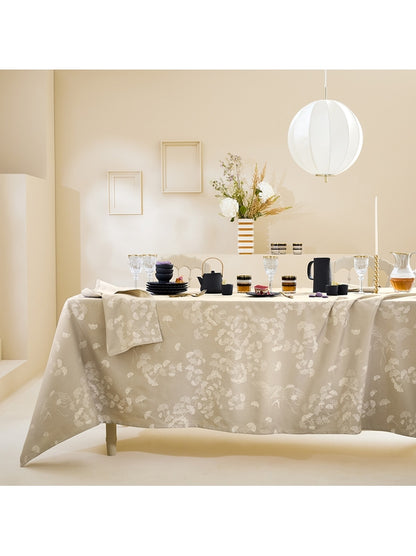 Nappe carrée beige en coton 89x89 motif ginkgo naturel