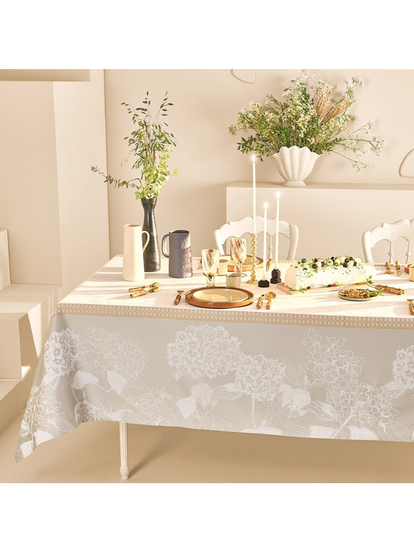 Nappe carrée 180x180 en coton beige motif mille hortensias naturel