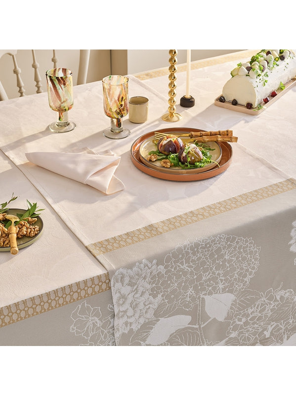 Tissu en coton beige Mille Hortensias naturel pour nappe sur mesure