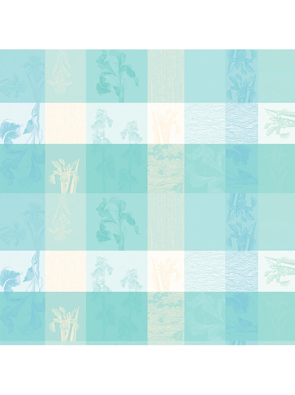 Nappe sur mesure en coton bleu aqua motif Mille Iris d’Eau, finition ourlets standards