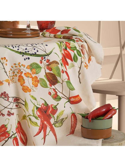 Nappe carrée rouge motif piments doux 115x115 en coton lin