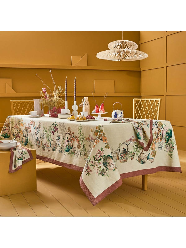 Nappe motif théières couleur rouille orange 155x260 en coton et lin