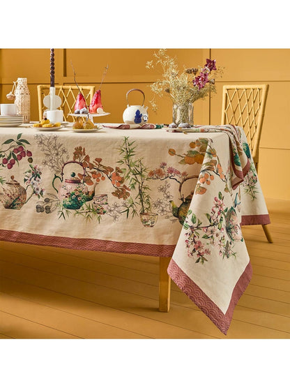 Nappe motif théières couleur rouille orange 155x260 en coton et lin
