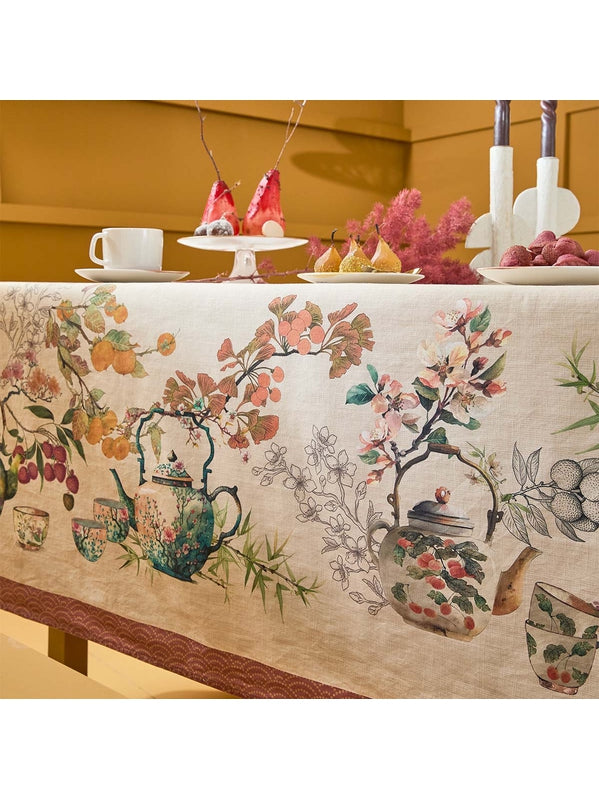 Nappe motif théières couleur rouille orange 155x260 en coton et lin