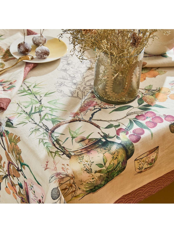 Nappe motif théières couleur rouille orange 155x260 en coton et lin