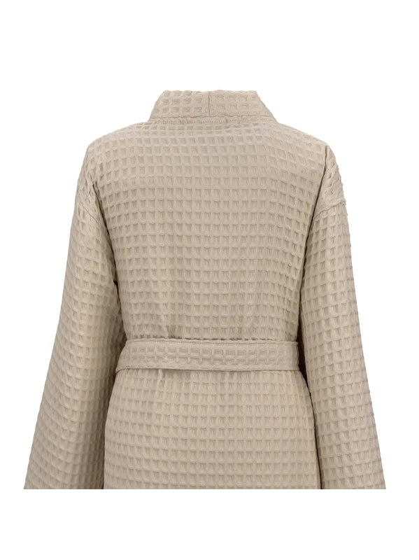 Peignoir femme beige en coton nid d’abeille, coupe courte et col kimono élégant