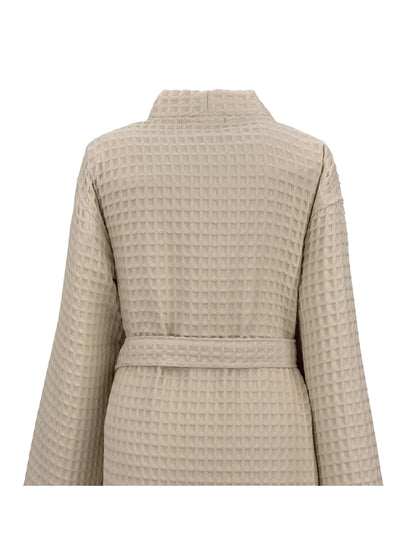 Peignoir femme beige en coton nid d’abeille, coupe courte et col kimono élégant
