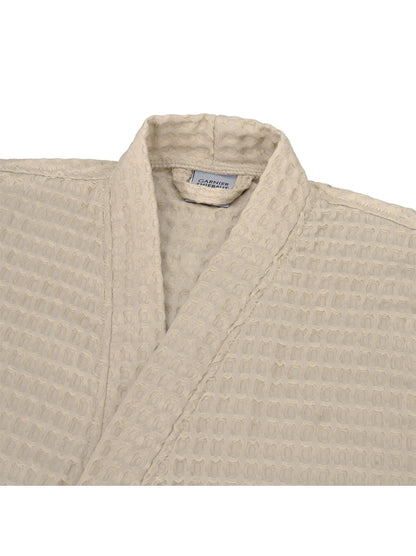 Peignoir femme beige en coton nid d’abeille, coupe courte et col kimono élégant