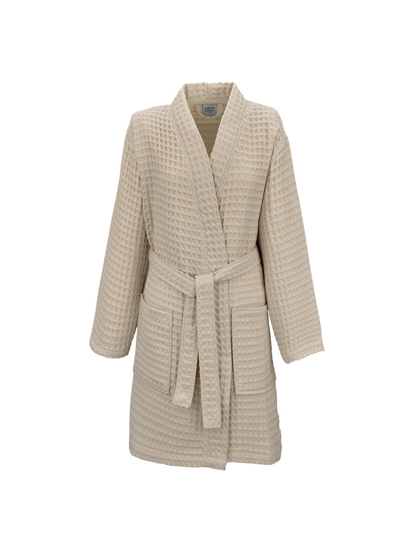 Peignoir femme beige en coton nid d’abeille, coupe courte et col kimono élégant