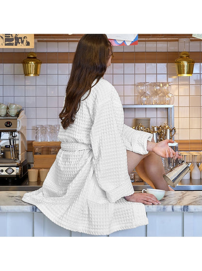 Peignoir femme blanc en coton nid d’abeille avec col kimono et ceinture