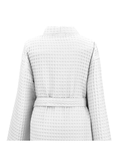 Peignoir femme blanc en coton nid d’abeille avec col kimono et ceinture
