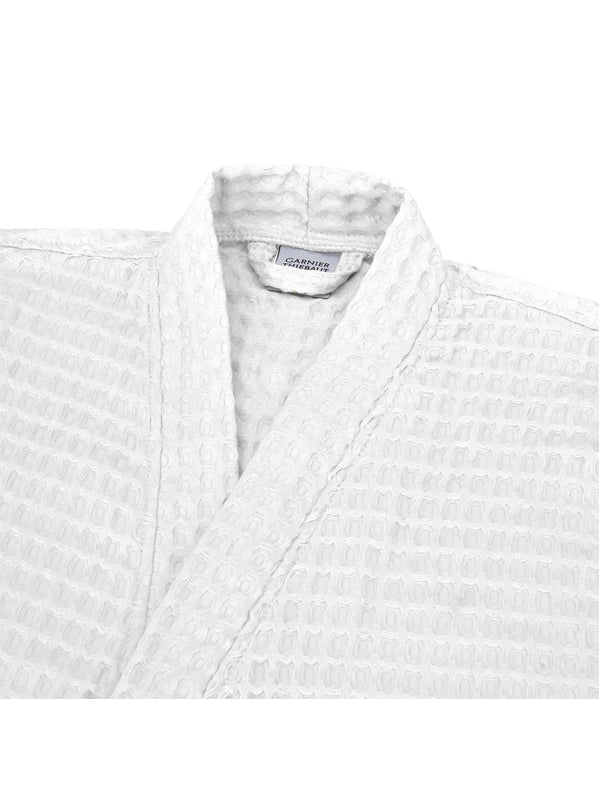 Peignoir femme blanc en coton nid d’abeille avec col kimono et ceinture