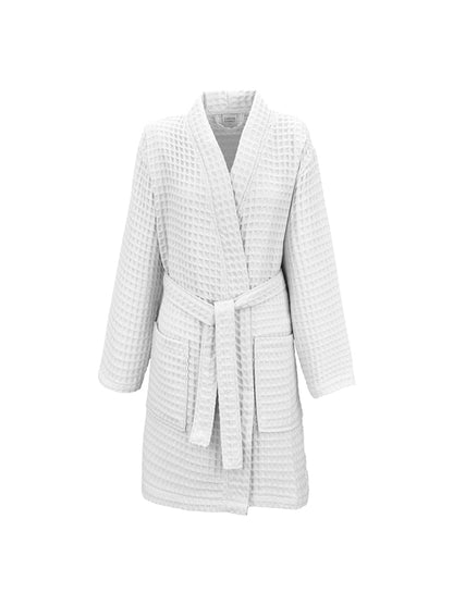 Peignoir femme blanc en coton nid d’abeille avec col kimono et ceinture
