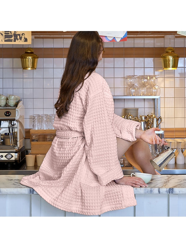 Peignoir femme rose poudre en coton avec col kimono, style détente