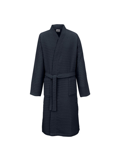 Peignoir homme long marine en coton nid d’abeille avec col kimono