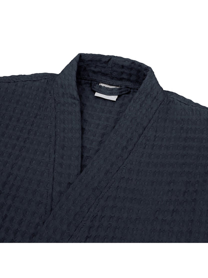 Peignoir homme long marine en coton nid d’abeille avec col kimono