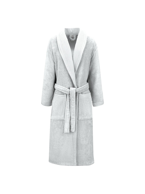 Peignoir Elea Nuage gris 100% coton avec col châle et ceinture, finitions armurées