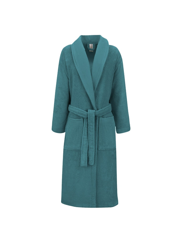Peignoir Elea bleu pétrole en coton 100% avec col châle et finitions armurées