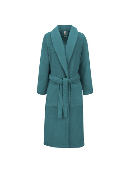 Peignoir Elea bleu pétrole en coton 100% avec col châle et finitions armurées