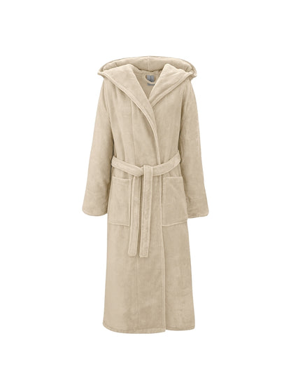 Peignoir teddy angora adulte ecru en coton polyester avec capuche et poches
