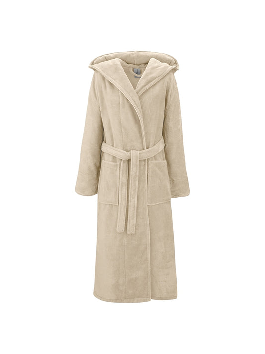 Peignoir teddy angora adulte ecru en coton polyester avec capuche et poches